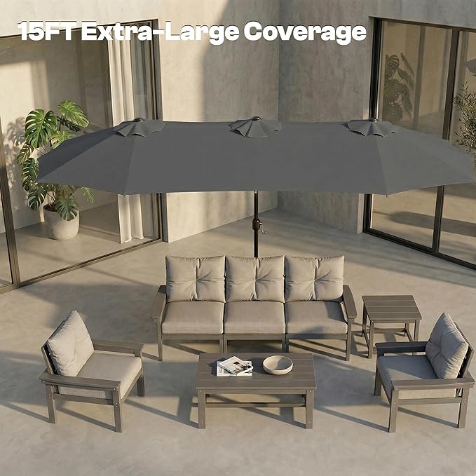 15FT Large Outdoor Patio Umbrella with Solar Lights and Base, Double-Sided Table Umbrellas with 48 LED Lights, Rectangle Market Umbrella for Pool, Deck, Backyard