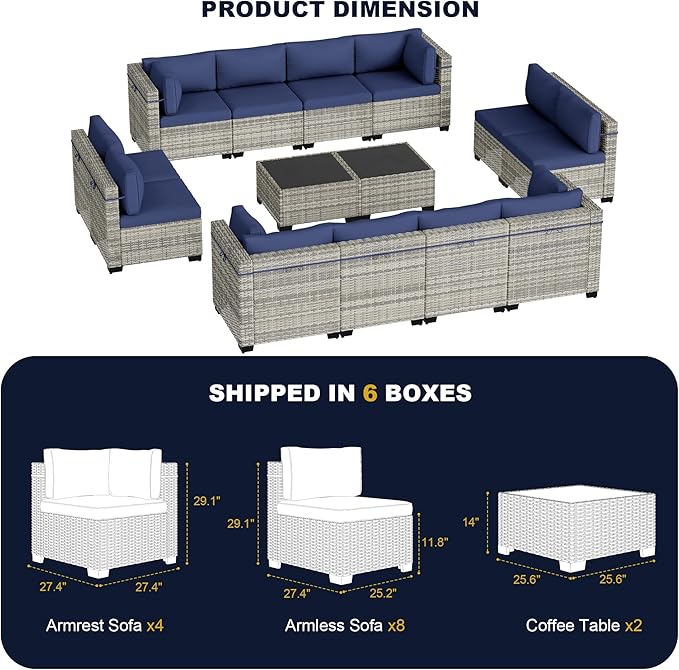 14-Piece Outdoor Patio Furniture Set, PE Wicker Rattan Sectional Sofa Conversation Set with Tempered Glass Table & Thick Cushions - All-Weather Garden, Backyard Furniture, Navy Blue