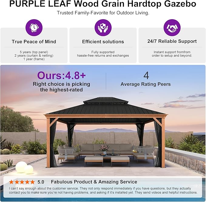 PURPLE LEAF 14' X 16' Outdoor Hardtop Gazebo for Patio Galvanized Steel Double Roof Permanent Canopy Teak Finish Coated Aluminum Frame Pavilion Gazebo with Netting