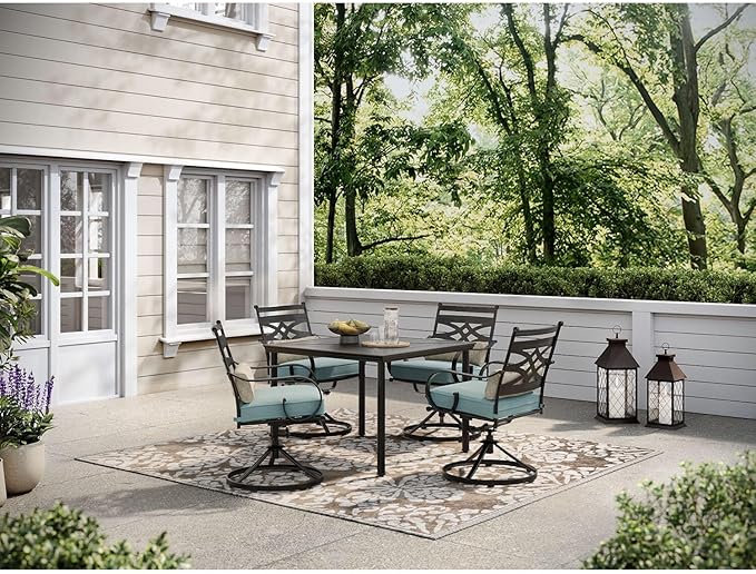 Hanover Montclair 5-Piece Outdoor Dining Set with Stamped Steel Square Dining Table and 4 Swivel Rocker Chairs with Cushions, Weather-Resistant Patio Dining Set for 4, Patio, Backyard, Deck