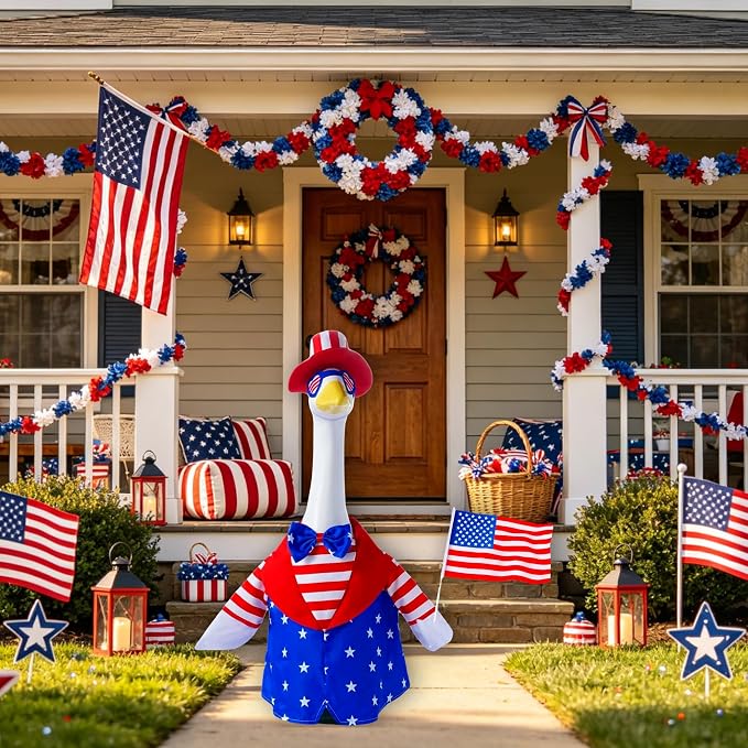 Uncle Sam Porch Goose Outfit for 23" Cement Goose, 4 Pcs 4th of July Patriotic Goose Clothes with Tall Hat, Eye mask,Flag, Patriotic Lawn Yard Decor for Independence Day