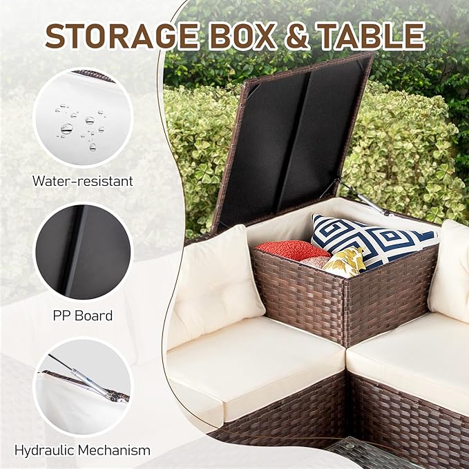 Outvita 4 Piece Outdoor Patio Furniture Set, PE Rattan Conversation Sofa Set, Wicker All-Weather Outside Furniture w/Glass Top Coffee Table with Pet Ped & Hidden Storage for Garden, Balcony (Brown)
