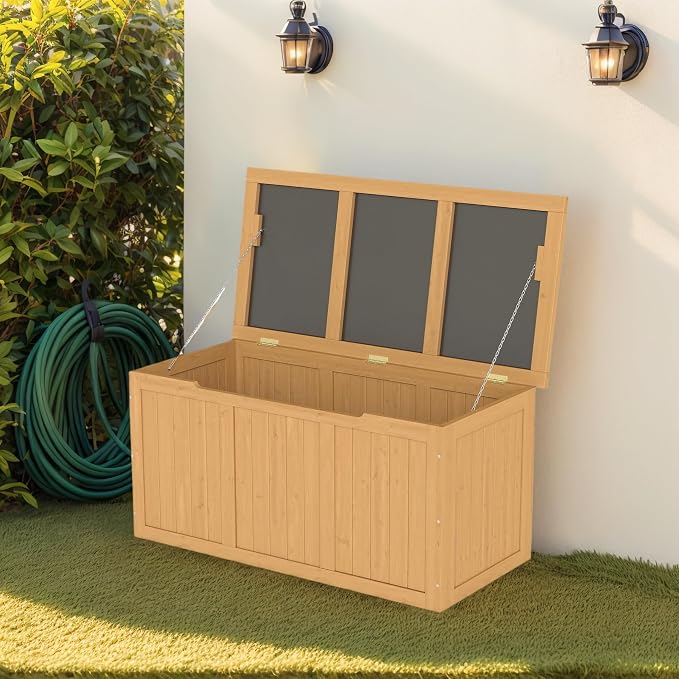 67 Gallon Outdoor Wooden Deck Box Solid Wood Storage Box Seat Table Top for Patio Furniture Cushions, Pool Toys Garden Tools