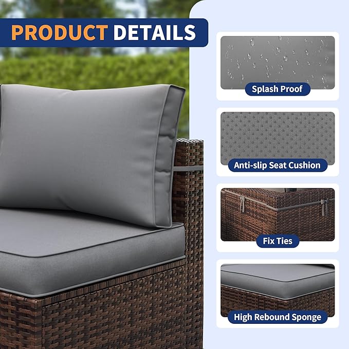 Patio Furniture Set, 10-Piece Outdoor Sectional with Waterproof Cover, All-Weather Wicker Patio Conversation Sets for Backyard (Brown with Grey Cushion)