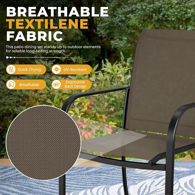 Incbruce 8 PCS Patio Dining Set with Brown Umbrella, Outdoor Dining Set of 6 Textilene Chairs and 53" Round Table with Umbrella Hole for Backyard, Garden, and Poolside (Brown)