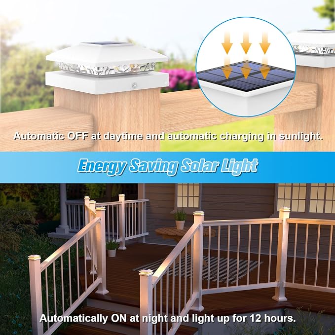 VOLISUN 24 Pack White Solar Post Cap Lights Fit 4x4 Fence Deck Post | Waterproof outdoor lighting, warm white glow, fits wooden & vinyl 4x4 posts, solar powered for yard patio fence deck