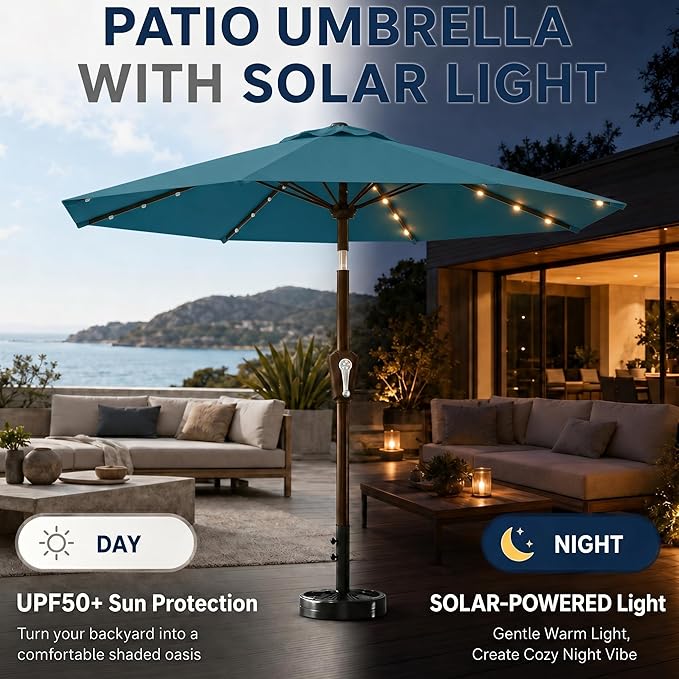 11FT Solar Patio Umbrella with Lights, Outdoor Table Market Umbrella with 32 LED Lights, 8 Sturdy Ribs, Smooth Crank Lift for Pool, Deck and Garden, UV-Resistant
