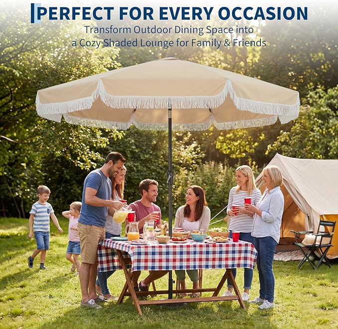 PeakPursuit 9 ft Patio Umbrella with Fringe, Tassel Outdoor Beach Umbrella for Sand with Push Button Tilt, 8 Fiberglass Ribs, UV 50+ Sun Protection for Garden, Pool, Backyard, Deck