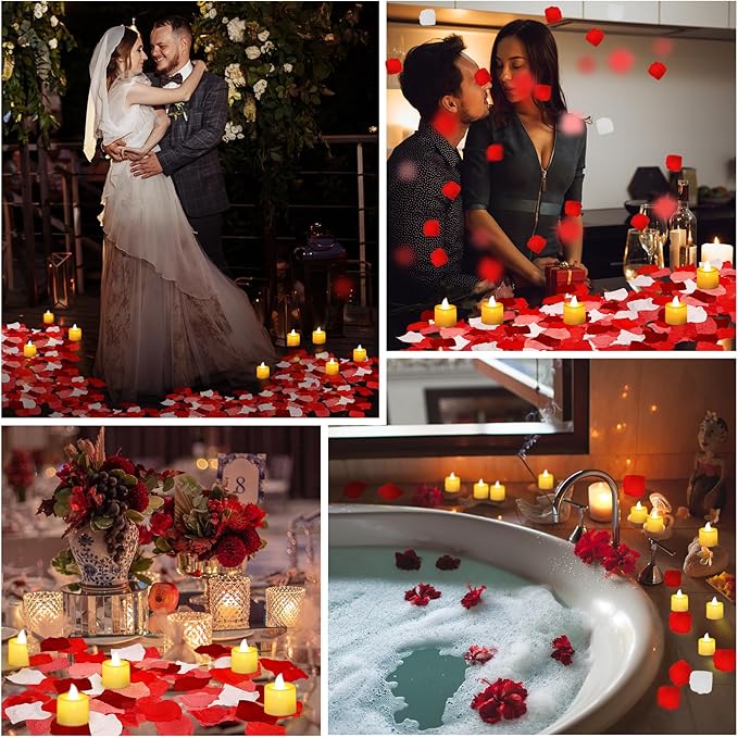 Coume 6000 Pcs Artificial Rose Petals with 72 Pcs Flameless LED Candles Romantic Decorations Fake Candles Anniversary Decorations for Valentine's Day Wedding Night(Warm White with Red Series Petal)