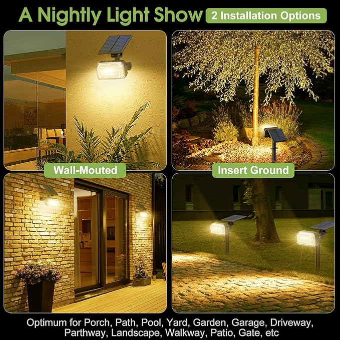 WENATY 102 LED Solar Spot Lights Outdoor Waterproof IP65, Adjustable Landscape Spotlights, [2 Pack/4 Modes] Auto On/Off Solar Powered Flood Lights for Outside Yard Garden Wall Pathway (Warm White)
