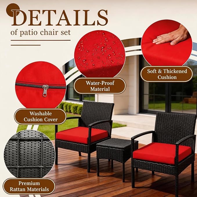 PROHIKER 3 PCS Patio Rattan Conversation Bistro Chairs Set, Outdoor Patio Furniture Wicker Bistro Set with Coffee Table for Garden Porch Balcony Yard Lawn, Red