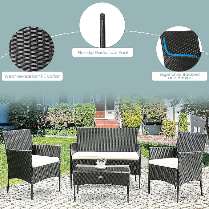 HAPPYGRILL 8 Pieces Patio Furniture Set Rattan Wicker Conversation Set with Tempered Glass Top Table, Outdoor Wicker Sofa Set with Removable Cushions for Poolside Garden Backyard