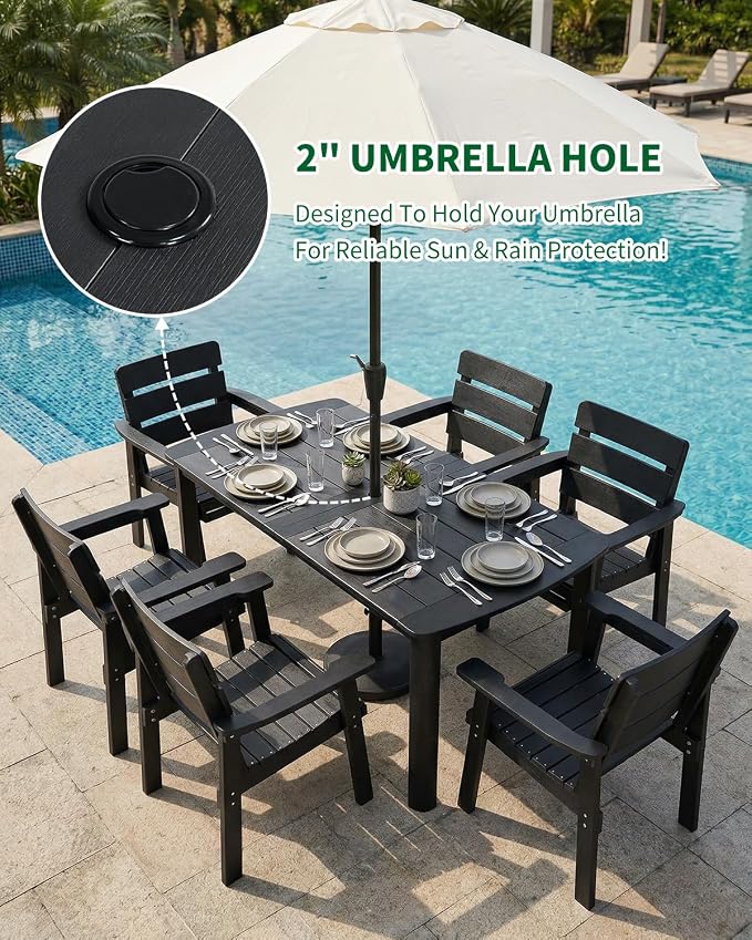 5-Piece Outdoor Dining Set, All-Weather HIPS Patio Table & Chairs for 4, Outdoor Furniture with Umbrella Hole, Ideal for Garden, Poolside, Backyard, Deck, Black