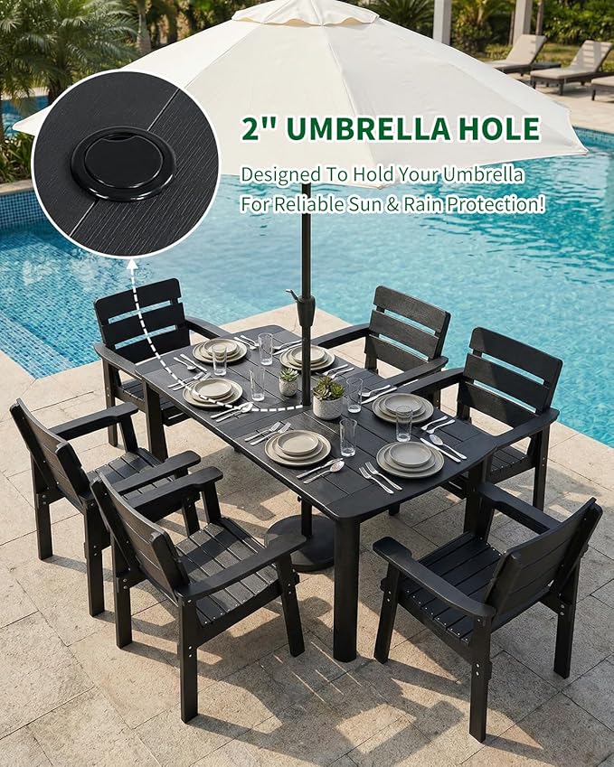 7-Piece Outdoor Dining Set, All-Weather HIPS Patio Table & Chairs for 6, Outdoor Furniture with Umbrella Hole, Ideal for Garden, Poolside, Backyard, Deck, Black