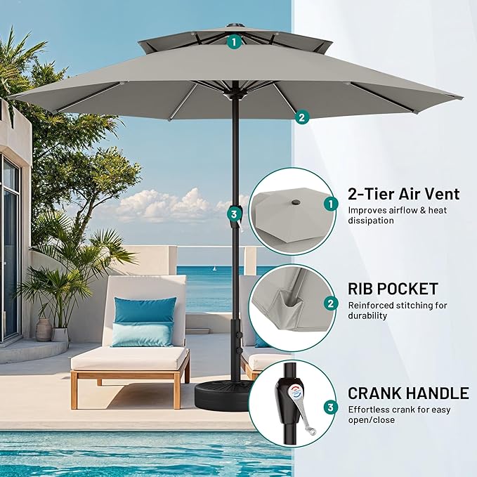 AreShark 12ft 2 Tiers Patio Umbrella - Outdoor Umbrella Waterproof UV Protection, Market Table Umbrella w/ 8 Sturdy Ribs&Crank for Pool, Porch, Garden(Light Gray)