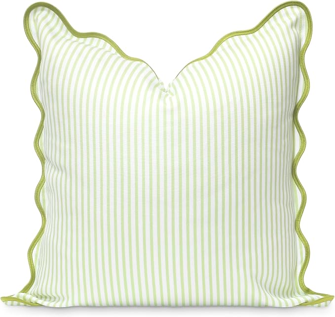 Hofdeco Premium Coastal Patio Indoor Outdoor Scalloped Throw Pillow Cover Only, 20"x20" Water Repellent for Backyard, Couch, Green Print Stripes A
