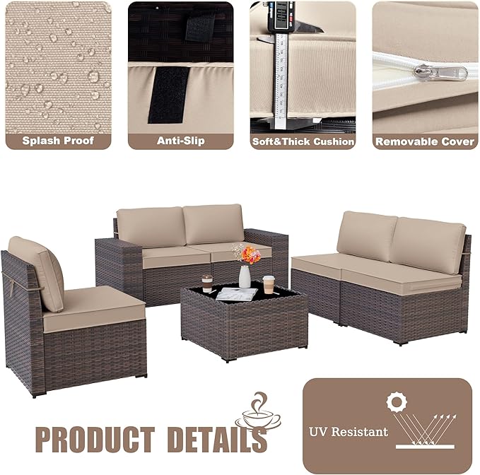 Patio Furniture Set Sofa 6-Pieces Wicker Sectional Sofa Set, Outdoor Furniture Rattan Patio Conversation Set with Thickened Cushion and Glass Coffee Table, Sand