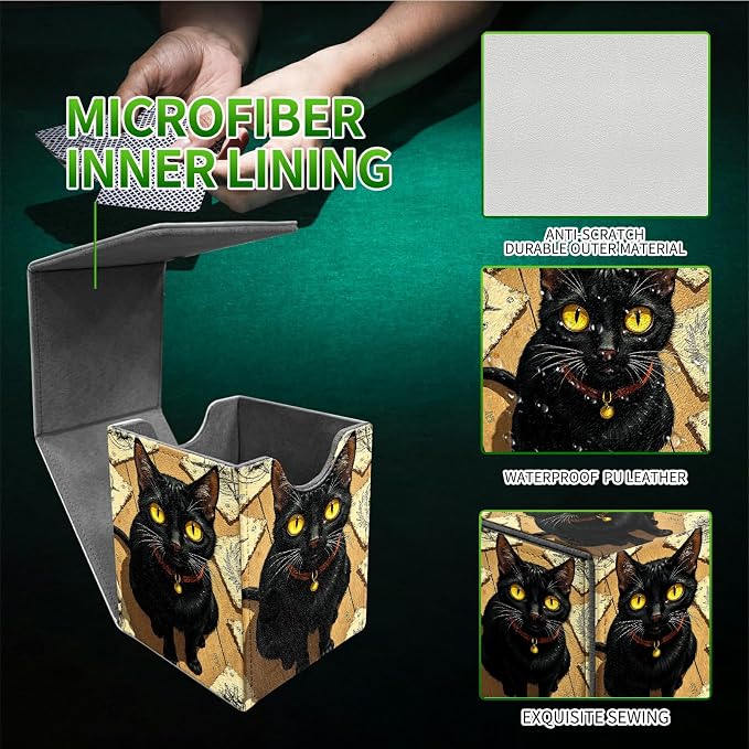 Yellow Eyed Cat Card Deck Box for MTG, Personalized Card Storage Case Fits 120+ Sleeved Cards, Premium Leather TCG Box with Strong Magnetic Closure for Magic, CCG, PTCG, Baseball Cards