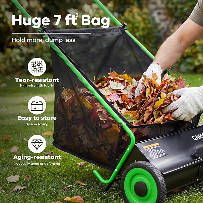 Garvee Push Lawn Sweeper, 26 in Leaf & Grass Collector with 7 Cu. ft. Hopper Bag, 4 Spinning PP Brushes, Durable Steel Construction, Adjustable Height & Rubber Tires for Leaves Grass Cleanup