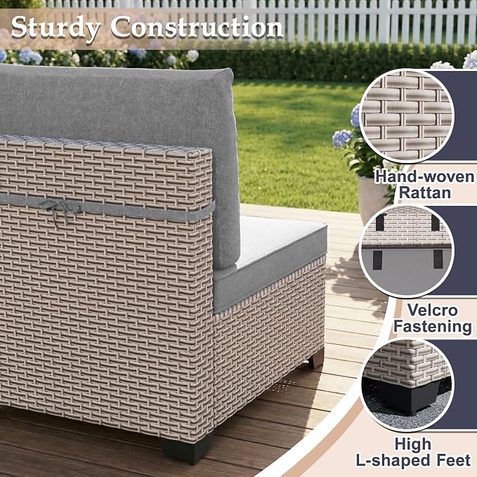 Patio Furniture Set, 8-Piece Outdoor Sectional Sofa with 60,000 BTU Fire Pit Table & 2-Layer Glass Coffee Table, Wicker Patio Conversation Set with Gray Cushions