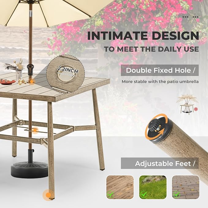 HAPPATIO Outdoor Dining Set 5 PCS, Aluminum Patio Dining Set Includes 1 Large Square Table with Umbrella Hole & 4 Swivel Dining Chairs, Patio Furniture Set for Lawn, Porch, Backyard (Brown)