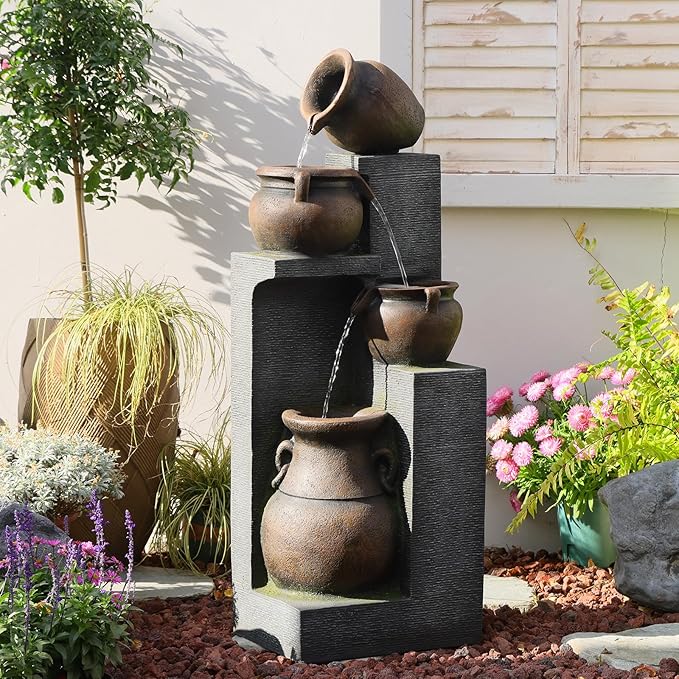 Bumilgar 53" H Large Outdoor Water Fountain with Lights - 4 Tiered Cascading Bowls Waterfall Fountain for Garden, Patio, Backyard, Porch Inside - Freestanding Outdoor Water Feature Gold