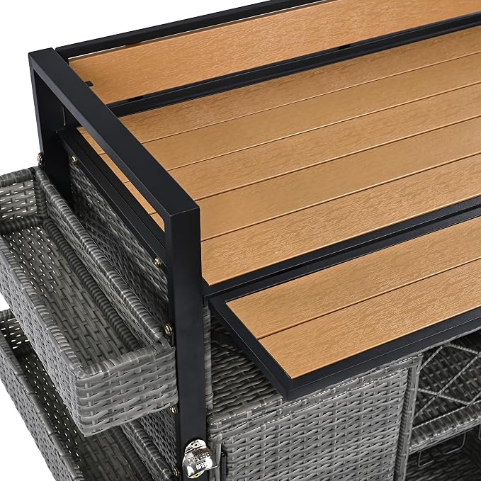 RUNNA Wicker Outdoor Grill Cart with Extended Plastic Wood Table Top, Rolling Kitchen Island on Wheels with Storage Cabinet, for Patio Backyard Garden Poolside, Double Handle Design (Grey@047)