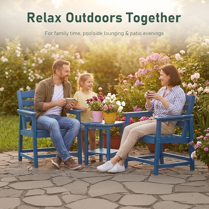 Furnimart 3-Piece Patio Bistro Set, HDPE Outdoor Chairs Set of 2 and Side Table, All-Weather Outdoor Furniture Set, Modern Conversation Sets with Coffee Table for Garden, Balcony, Porch, Blue