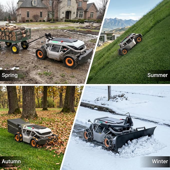Mowrator S1 4WD 18Ah Remote Control Lawn Mower with Deformable Tires, All-Season Yard Care, 119% (50°) Slope Climbing, with Leaf Shredding Vacuum, 21" Width, 1.5–4.3" Cutting Height, Up to 1.12 Acres