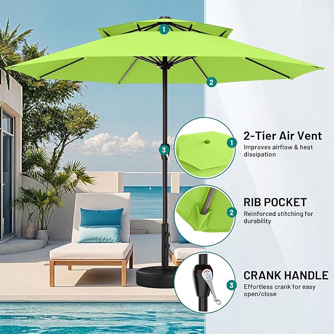 AreShark 12ft 2 Tiers Patio Umbrella - Outdoor Umbrella Waterproof UV Protection, Market Table Umbrella w/ 8 Sturdy Ribs&Crank for Pool, Porch, Garden(Apple Green)