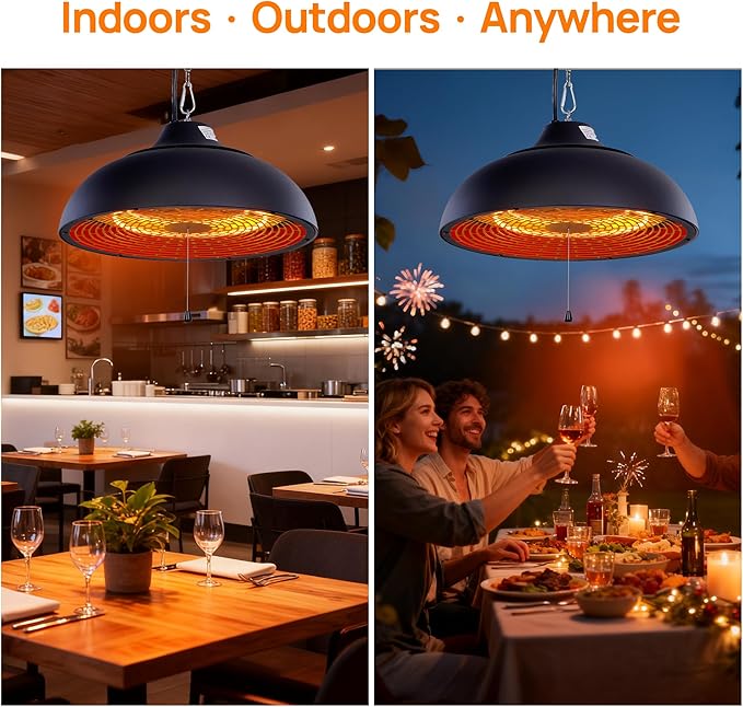 Hanging Patio Heater, Ceiling Mounted, Electric Patio Heater, Built in Temperature Control, Suit for Outdoor/Indoor, Garage, Greenhouse, 600W/900W/1500W