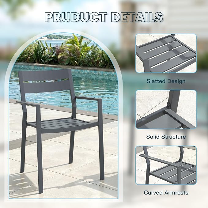 VICLLAX Patio 5 Pieces Outdoor Dining Set for 4, Wrought Iron Metal Outdoor Table and Chairs Set, 38" Square Table with Umbrella Hole and 4 Stackable Chairs for Lawn, Garden, Porch, Dark Grey/Grey