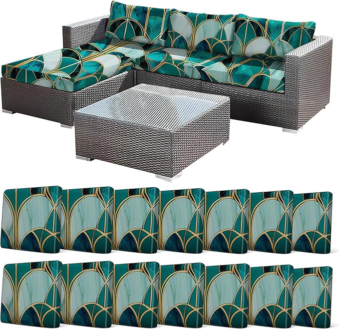 CALBODE 14Pcs Stretch Patio Cushion Cover, Art Deco Geometric Pattern Couch & Sofa Slipcovers for Patio Furniture Cushions Washable Reusable Couch Covers Replacement for All Season(Green, Cover Only)