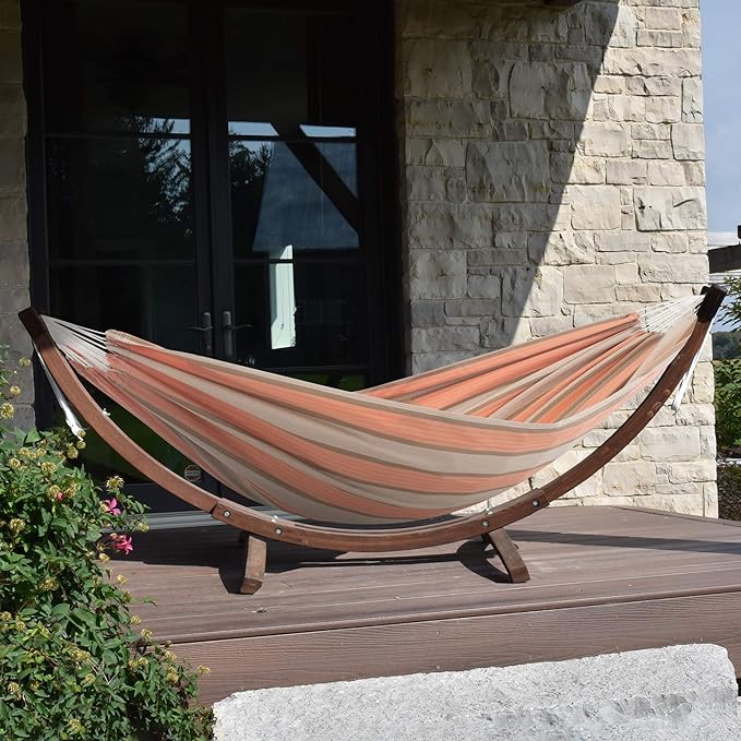 Vivere Double Cotton Hammock with Solid Pine Arc Stand - 450 lb Capacity, Durable FSC Wood Frame, Includes Hardware & User Guide - 450 lb Weight Capacity (Cameo)