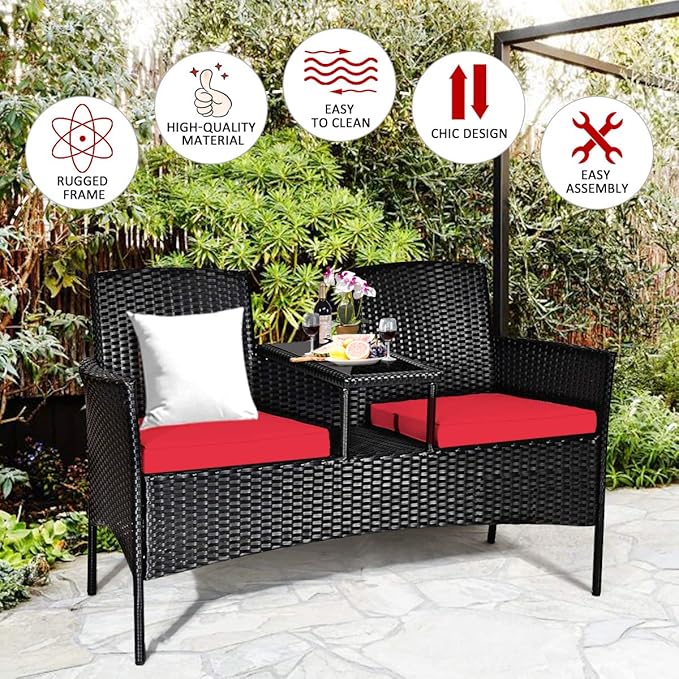 Tangkula Wicker Patio Conversation Furniture Set, Outdoor Furniture Set with Removable Cushions & Table, Tempered Glass Top, Modern Rattan Bench for Garden Lawn Backyard