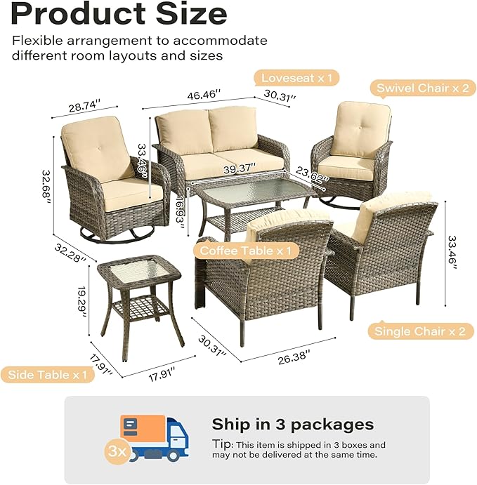 7 Pieces Patio Conversation Sets,Patio Furniture Set with Swivel Rocking Chairs,Coffee Table, Side Table, All Weather Rattan Wicker Outdoor Sectional Furniture Set for Porch Balcony Backyard Beige