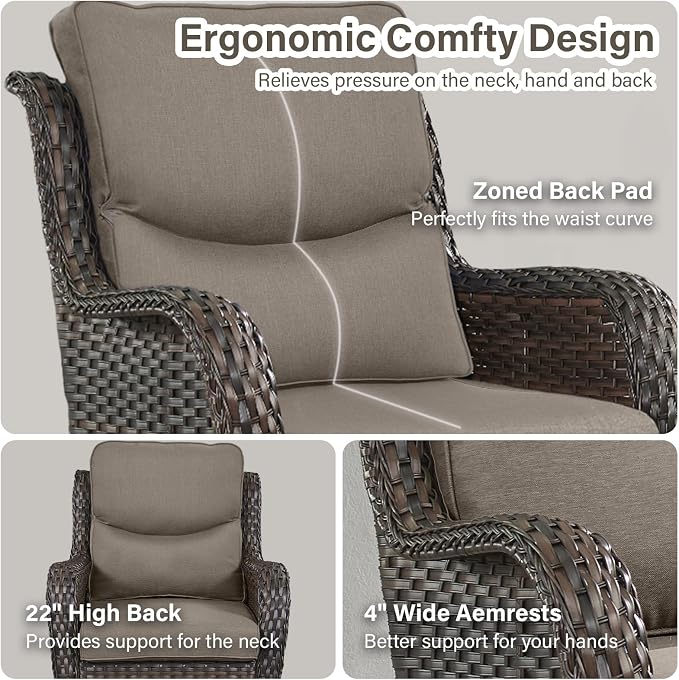 Outdoor Swivel Rocker Patio Chairs with 2 Ottomans - 5" Thick Cushion 5 Piece Furniture Set All Weather Wicker Conversation Set with Side Table for Porch Poolside and Deck - Brown/Gray