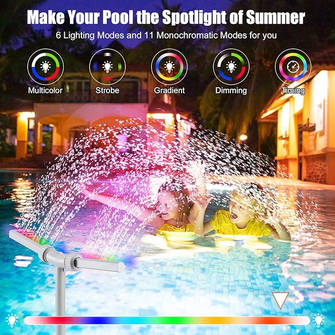 Pool Fountain with Lights for Above Ground Inground Pools Dual Sprayer Sprinkler with 6Lighting Modes+11 Monochromatic Modes+Timer, Pool Lights with Remote, Solar Pool Fountain