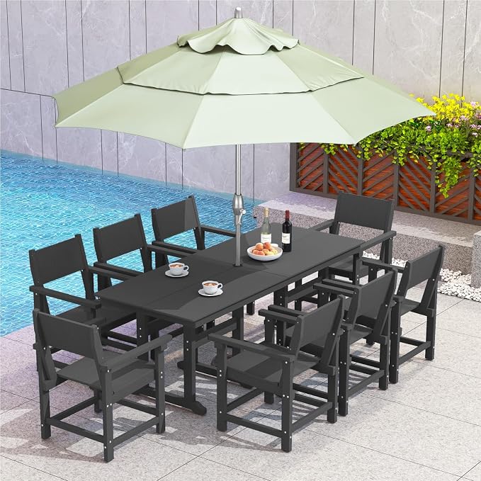 9-Piece HDPE Outdoor Patio Dining Set,Outdoor Table and Chairs,Modern Plastic Dining Sets with Umbrella Hole Cut-Out Table and 8 Chairs Black