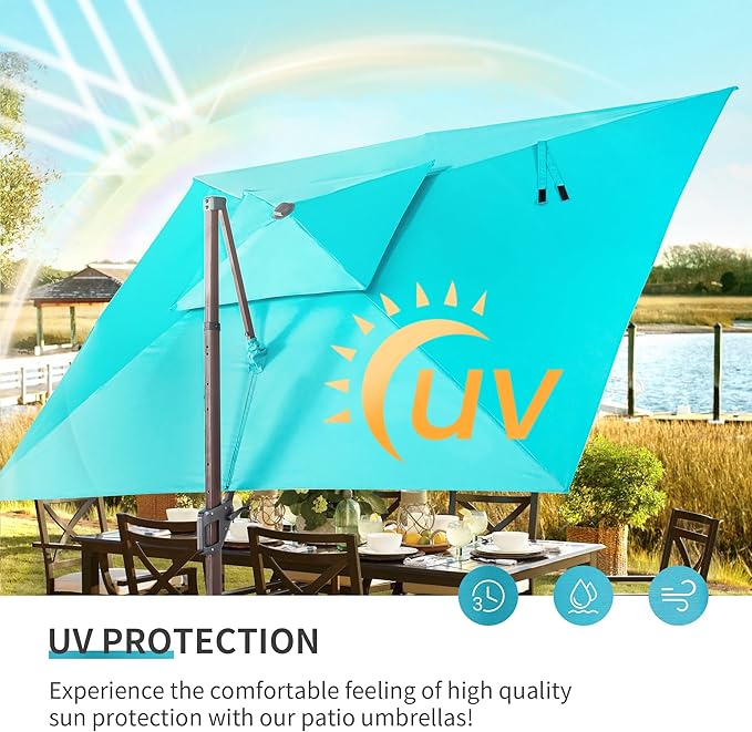JZAC & QZYD 10X13 FT Outdoor Cantilever Patio Umbrella with LED Lights, Large Heavy Duty 2-Tier Aluminum Offset Umbrellas with 360-Degree Rotation for Pool Deck, Turquoise
