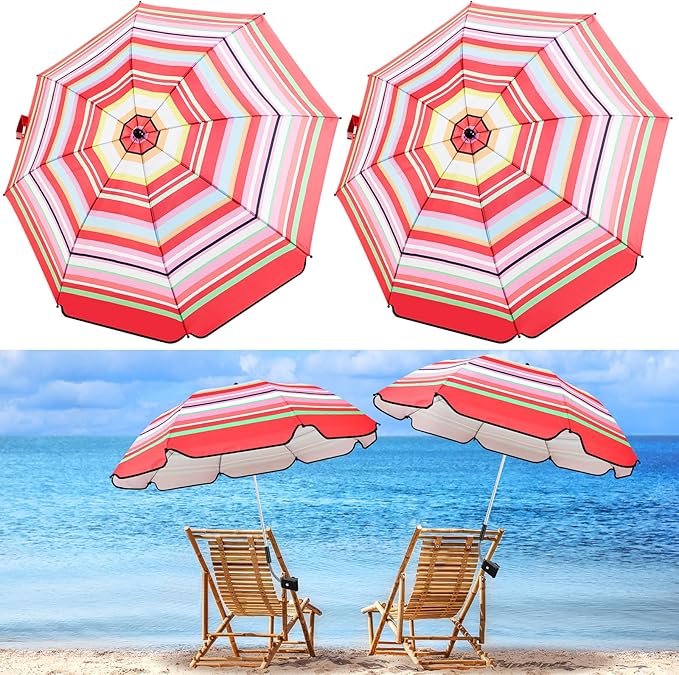 Buryeah 2 Pcs Beach Chair Umbrella Automatic with Universal Adjustable Clamp 44" UPF 50+ Portable Clamp on Beach Chair for Wheelchair Patio Golf Carts Camping
