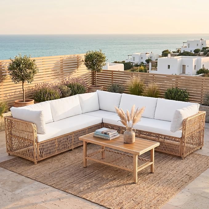 Outdoor Sectional 6-Seater Large Luxury Patio Furniture Set Modular L-Shaped Outdoor Furniture with Thick Cushion All Weather Wicker Boho Patio Conversation Sets for Deck, Backyard