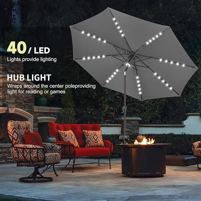 11ft Solar Umbrella Outdoor - Lighted Solar Patio Umbrella with 40 LED Lights Waterproof UV Protection, Table Umbrella with Tilt for Pool, Porch, Garden, Deck, Backyard - Anthracite