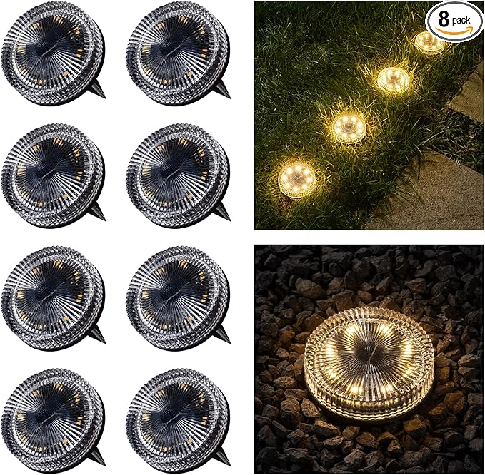 Glass Solar Ground Lights with Ray Style, Modular-Design Waterproof In-Ground Light for Patio Pathway Lawn Yard Deck Walkway, Decorative Disk Lighting for Garden Bed, Warm White (8 Pack)