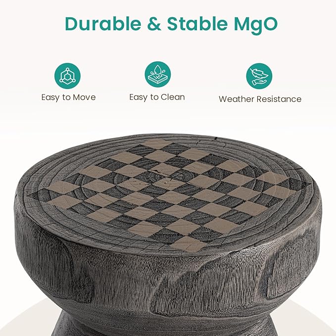 SUNBURY Outdoor Side Table, 14" Small Outdoor End Table, Patio Side Tables w Chessboard, Round Outdoors Concrete Side Tables, Garden Stool Plant Stand for Porch, Backyard, Grey