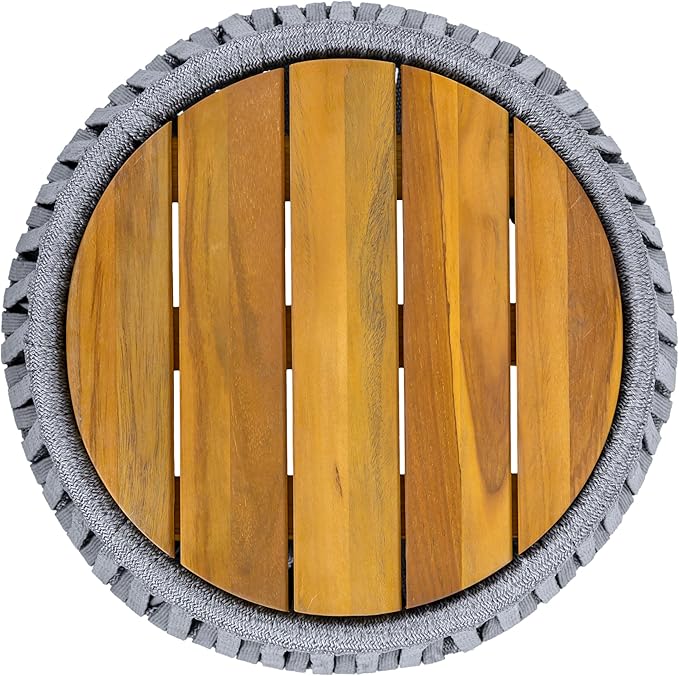 Outdoor Side End Table for Patio with Rope and Acacia Wood, Small Round Patio Table, Outside Boho Accent Table for Backyard Balcony Gazebo Party, Gray