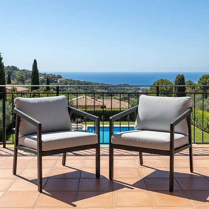 Patio Conversation Sets Outdoor Armchair, 2 Piece Aluminum Patio Sofa Chairs with Washable Thick Cushions, Modern All-Weather Patio Furniture Sets for Garden, Backyard, Porch (Brlack+Grey)