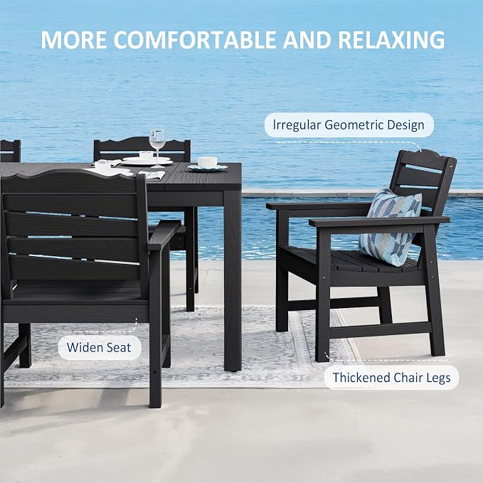 7-Piece Patio Dining Set, 63" Outdoor Dining Rectangle Table w/Aluminum Frame and 6 Chairs, Weatherproof HIPS Dining Furniture with Umbrella Hole, for Backyard Garden Deck Poolside, Black