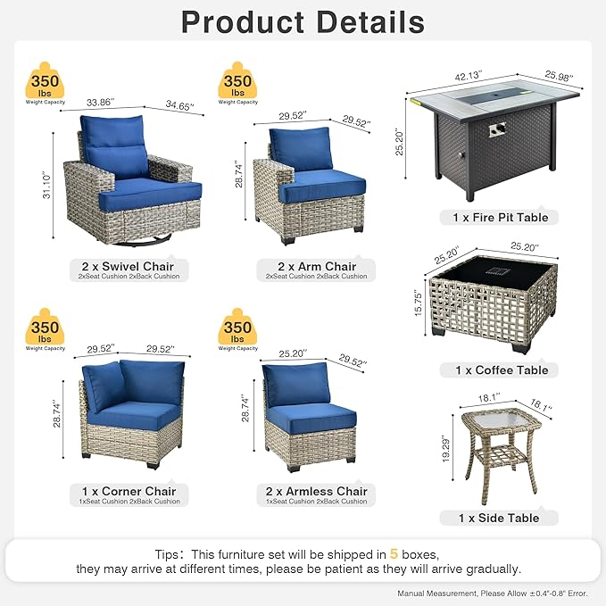 Weaxty 10 Pieces Outdoor Patio Furniture Set with Swivel Rocking Chair, Outdoor Sectional Sofa Couch Wicker Modular Patio Conversation Set w/42 Fire Pit and Coffee Side Table,Navy Blue