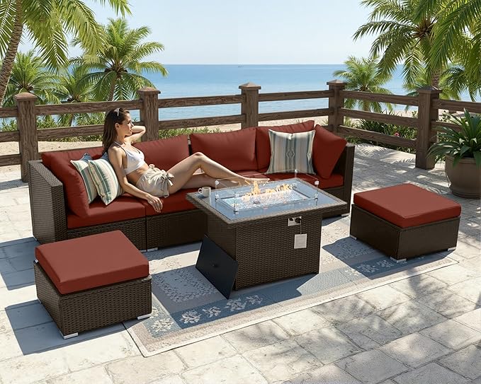 BULEXYARD 7 Pcs High Back Patio Furniture Set with Fire Pit Table Propane/Natural Gas Dual Fuel, Heavy Duty Outdoor Sectional Couch, Big Cozy Backyard Seating for Exterior, Brown Wicker & Red Cushion